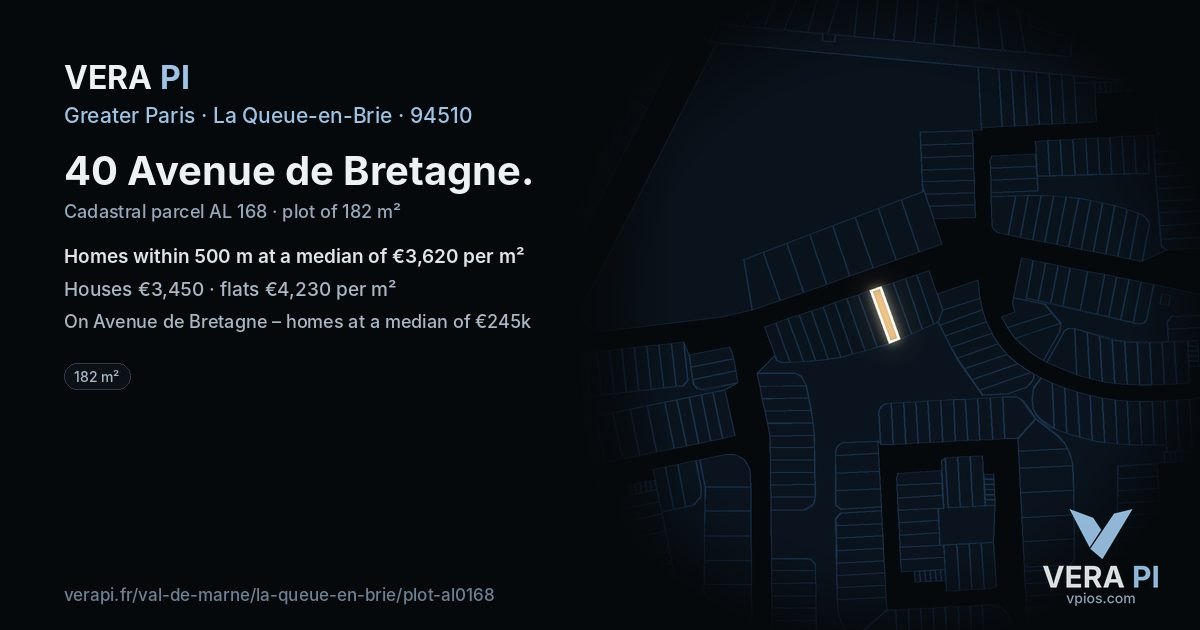 40 Avenue de Bretagne, La Queue-en-Brie at night – the plot lit, the parcels around coloured by the prices near them