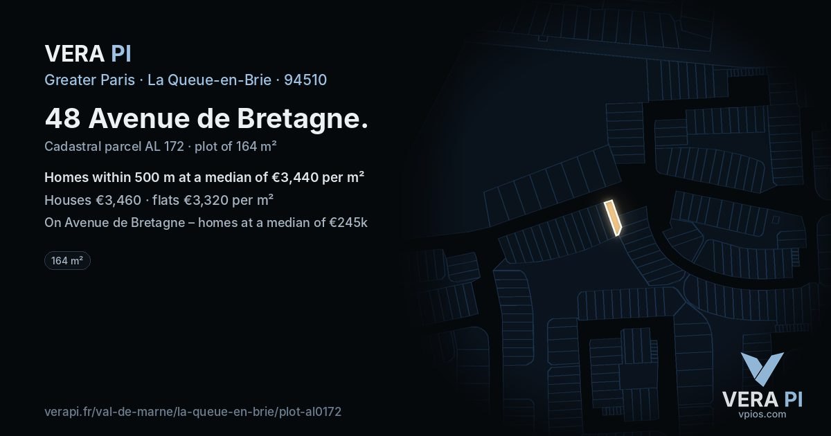 48 Avenue de Bretagne, La Queue-en-Brie at night – the plot lit, the parcels around coloured by the prices near them