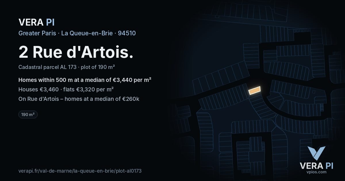 2 Rue d'Artois, La Queue-en-Brie at night – the plot lit, the parcels around coloured by the prices near them