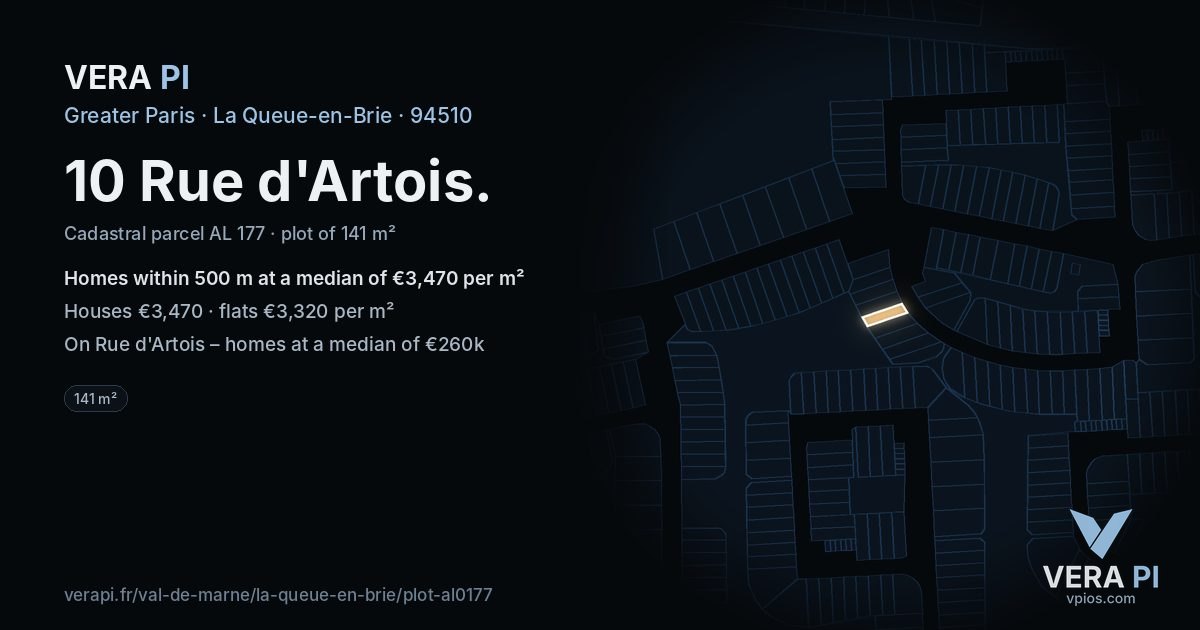 10 Rue d'Artois, La Queue-en-Brie at night – the plot lit, the parcels around coloured by the prices near them