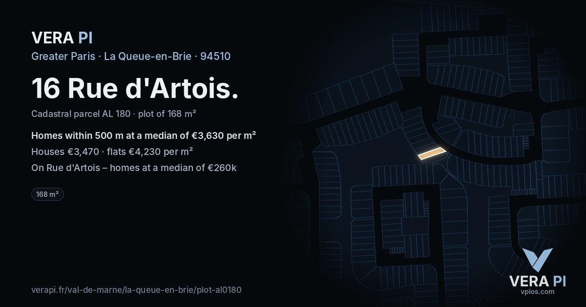 16 Rue d'Artois, La Queue-en-Brie at night – the plot lit, the parcels around coloured by the prices near them