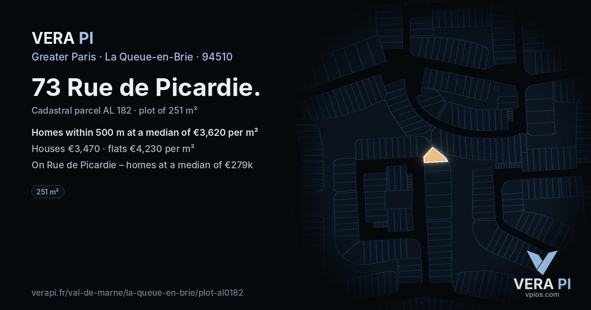 73 Rue de Picardie, La Queue-en-Brie at night – the plot lit, the parcels around coloured by the prices near them