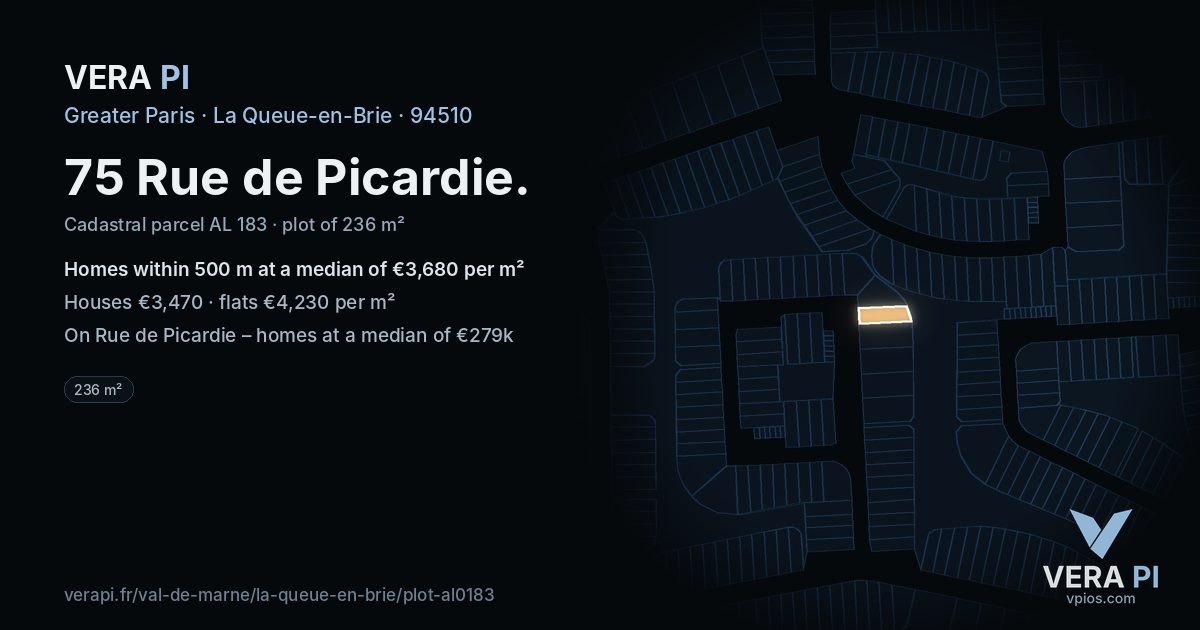 75 Rue de Picardie, La Queue-en-Brie at night – the plot lit, the parcels around coloured by the prices near them