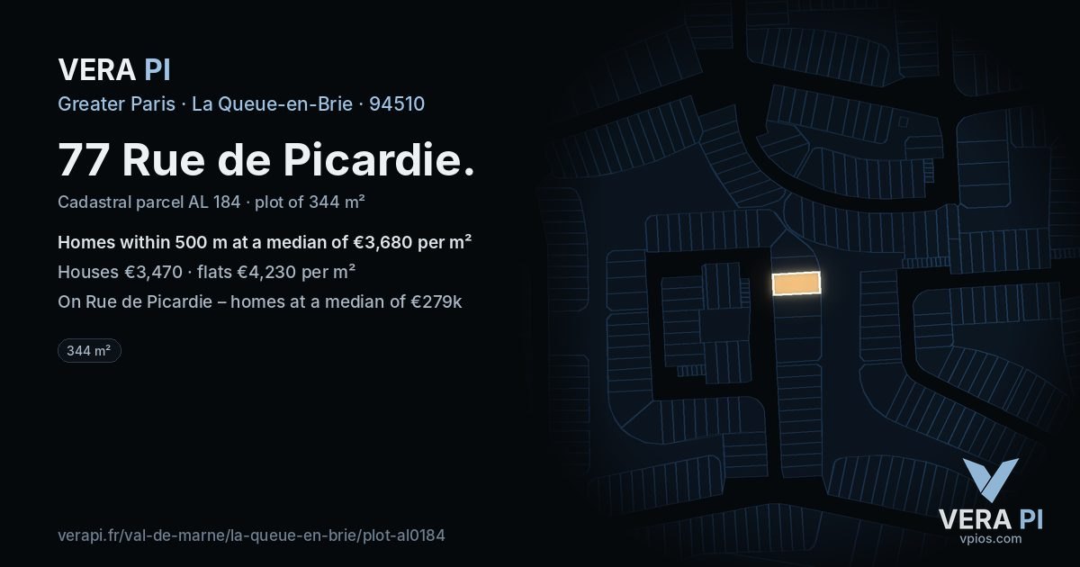 77 Rue de Picardie, La Queue-en-Brie at night – the plot lit, the parcels around coloured by the prices near them