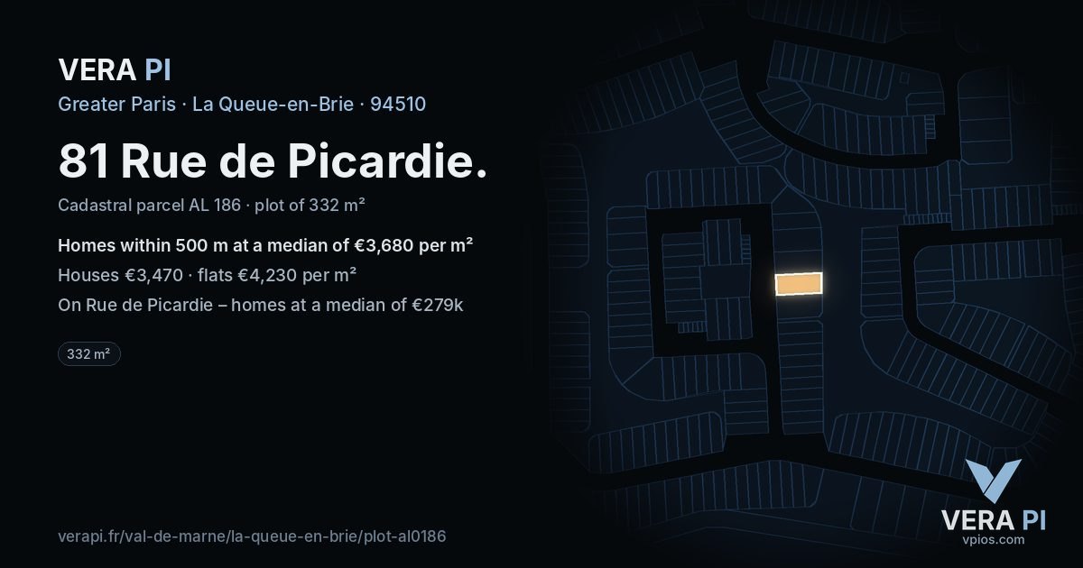 81 Rue de Picardie, La Queue-en-Brie at night – the plot lit, the parcels around coloured by the prices near them