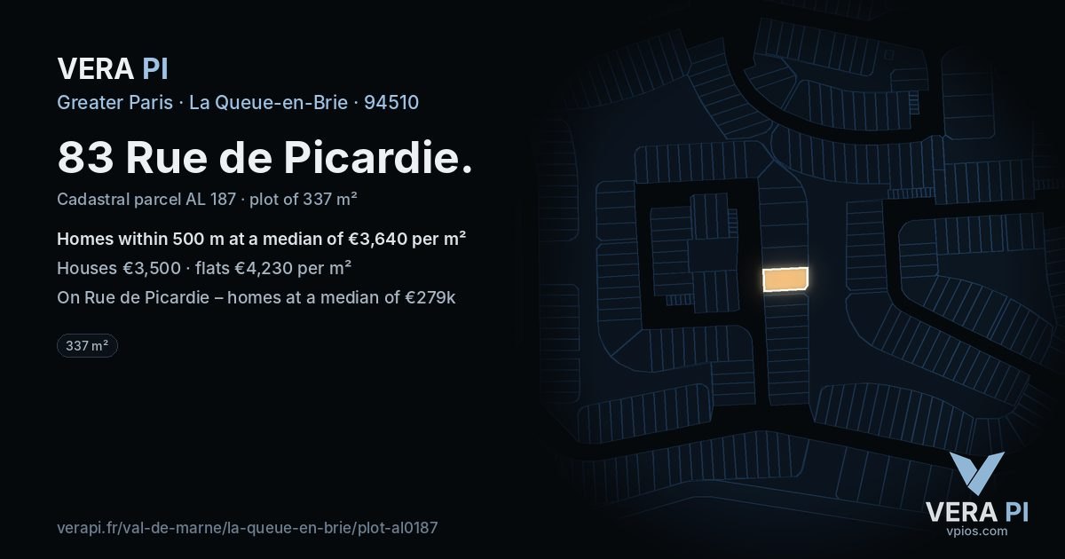 83 Rue de Picardie, La Queue-en-Brie at night – the plot lit, the parcels around coloured by the prices near them
