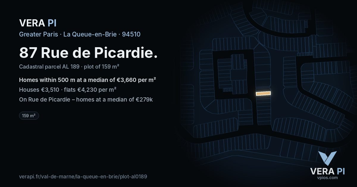 87 Rue de Picardie, La Queue-en-Brie at night – the plot lit, the parcels around coloured by the prices near them