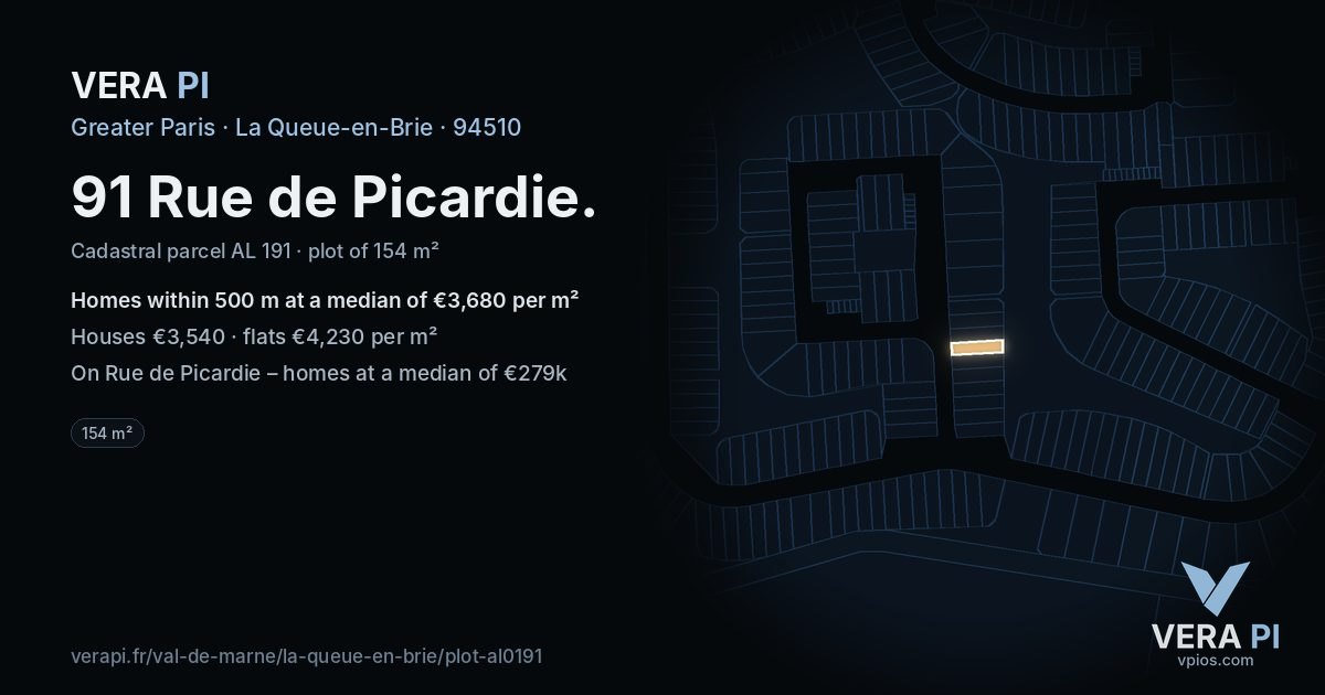 91 Rue de Picardie, La Queue-en-Brie at night – the plot lit, the parcels around coloured by the prices near them