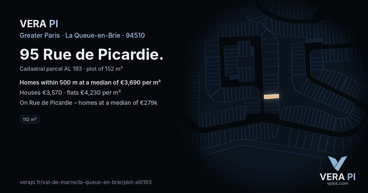 95 Rue de Picardie, La Queue-en-Brie at night – the plot lit, the parcels around coloured by the prices near them