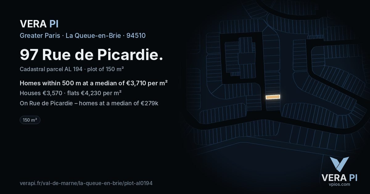 97 Rue de Picardie, La Queue-en-Brie at night – the plot lit, the parcels around coloured by the prices near them