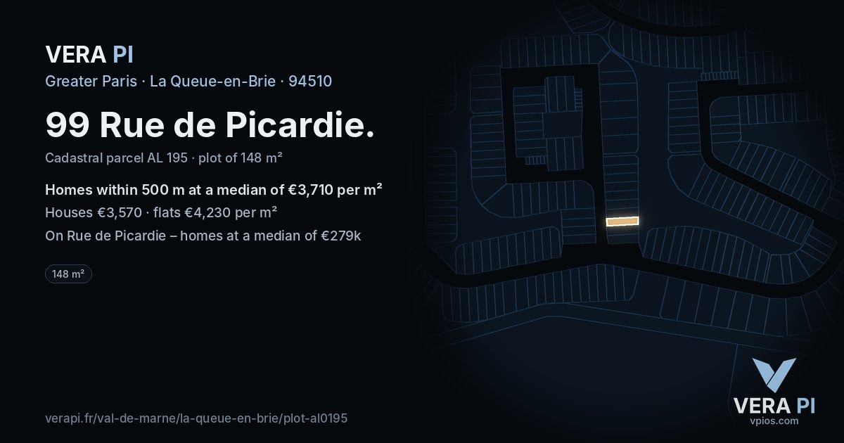 99 Rue de Picardie, La Queue-en-Brie at night – the plot lit, the parcels around coloured by the prices near them
