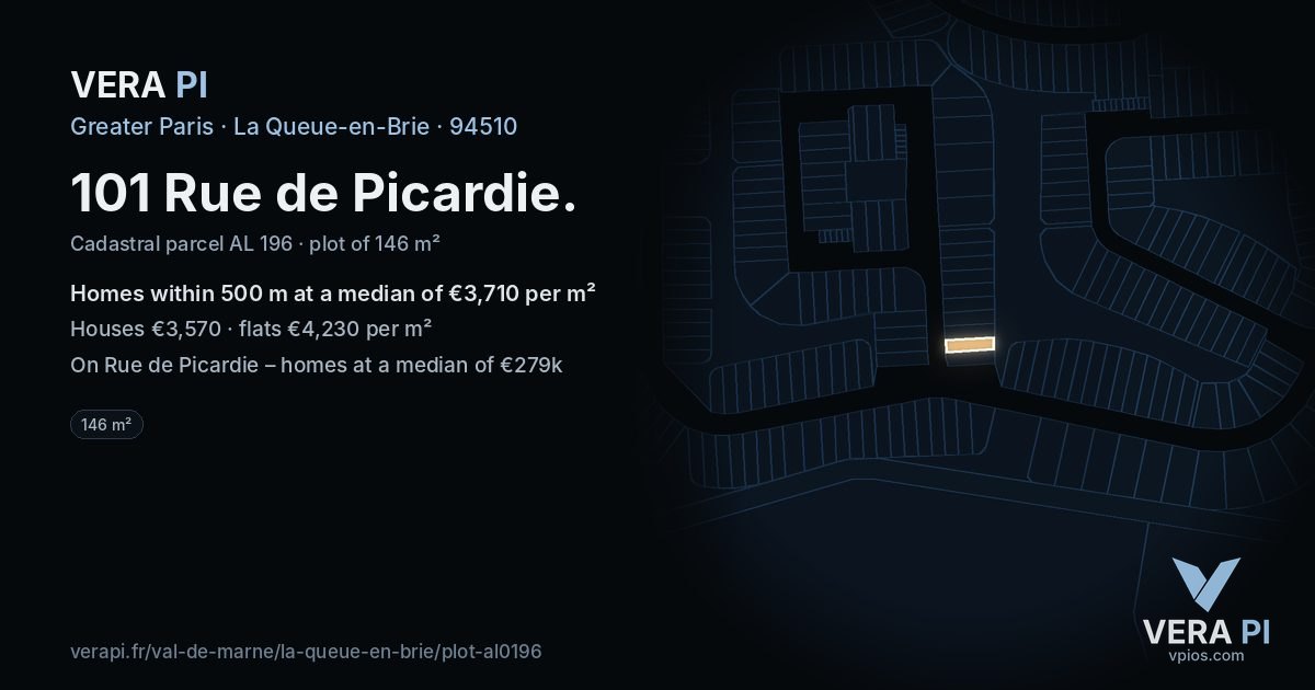 101 Rue de Picardie, La Queue-en-Brie at night – the plot lit, the parcels around coloured by the prices near them