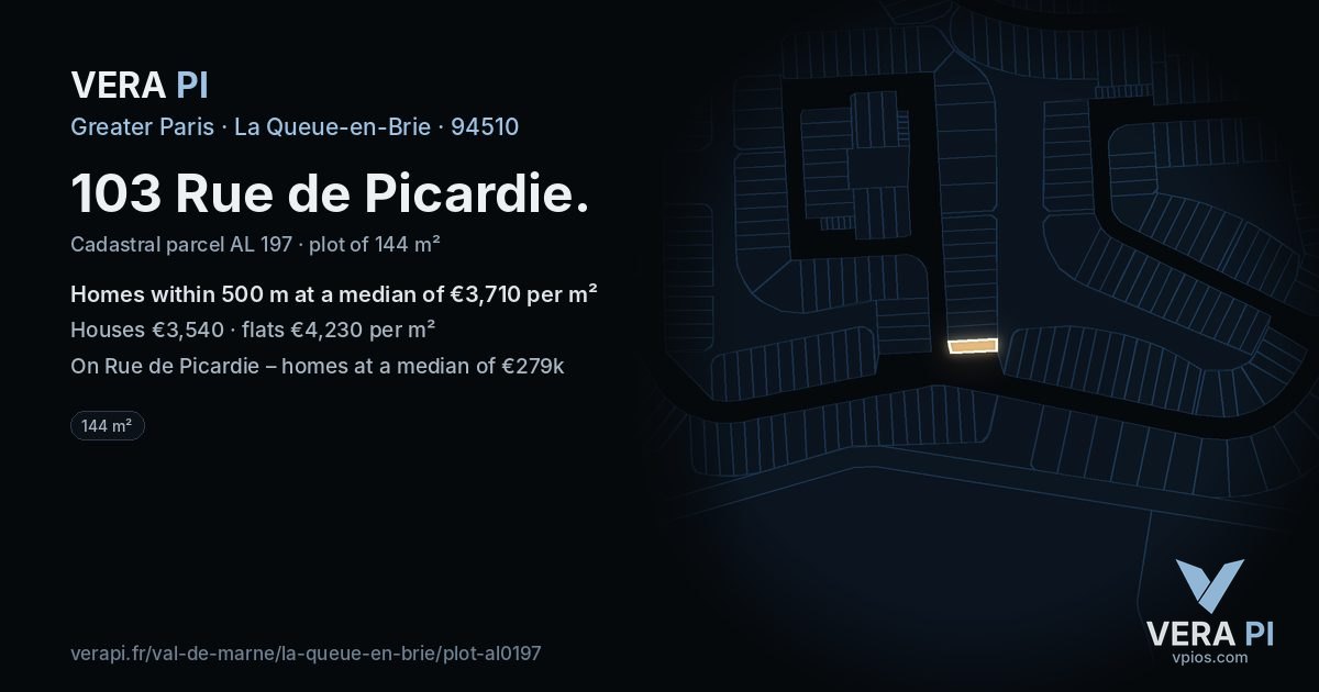 103 Rue de Picardie, La Queue-en-Brie at night – the plot lit, the parcels around coloured by the prices near them
