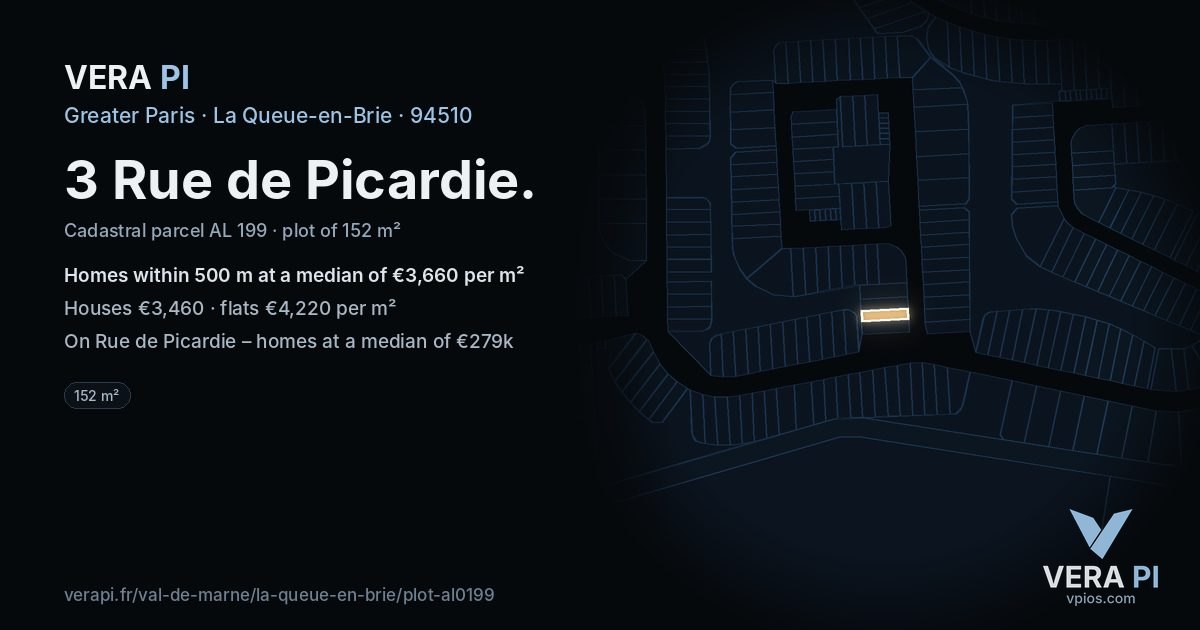 3 Rue de Picardie, La Queue-en-Brie at night – the plot lit, the parcels around coloured by the prices near them