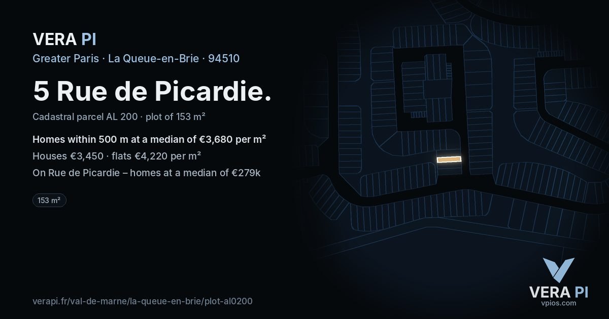 5 Rue de Picardie, La Queue-en-Brie at night – the plot lit, the parcels around coloured by the prices near them