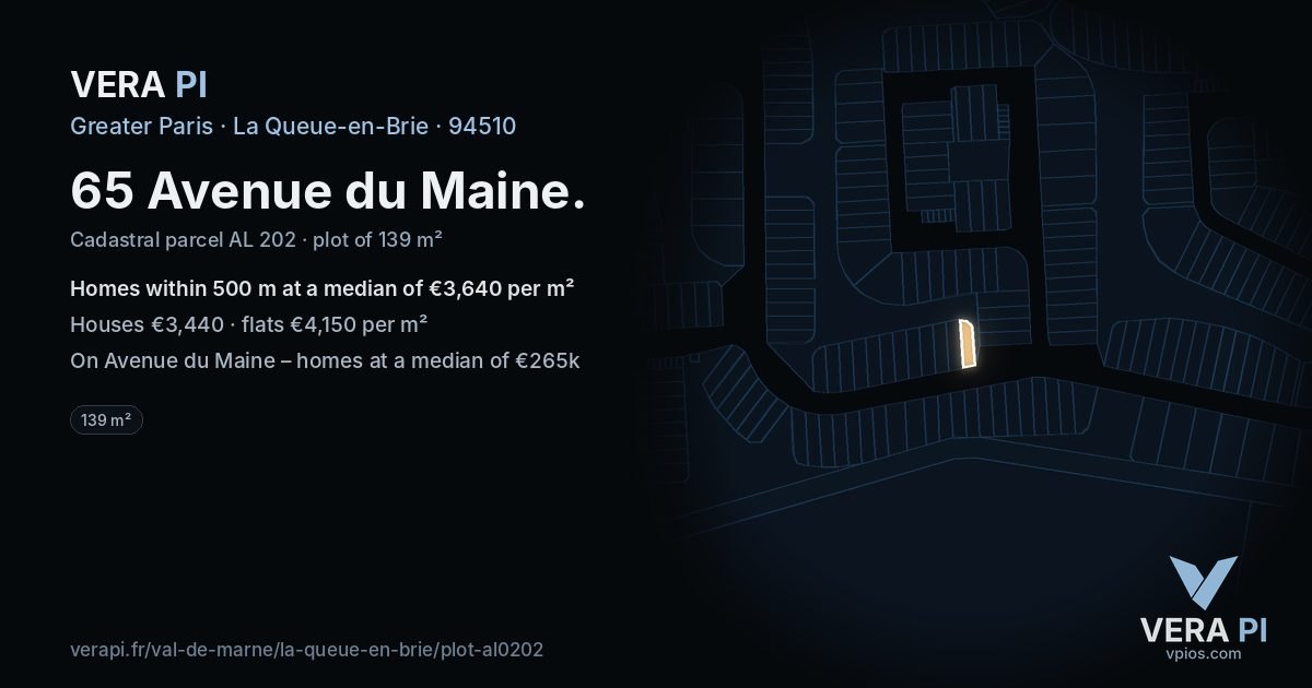 65 Avenue du Maine, La Queue-en-Brie at night – the plot lit, the parcels around coloured by the prices near them