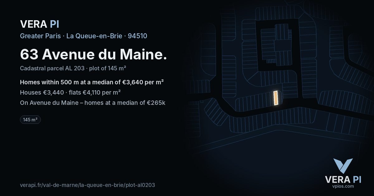 63 Avenue du Maine, La Queue-en-Brie at night – the plot lit, the parcels around coloured by the prices near them