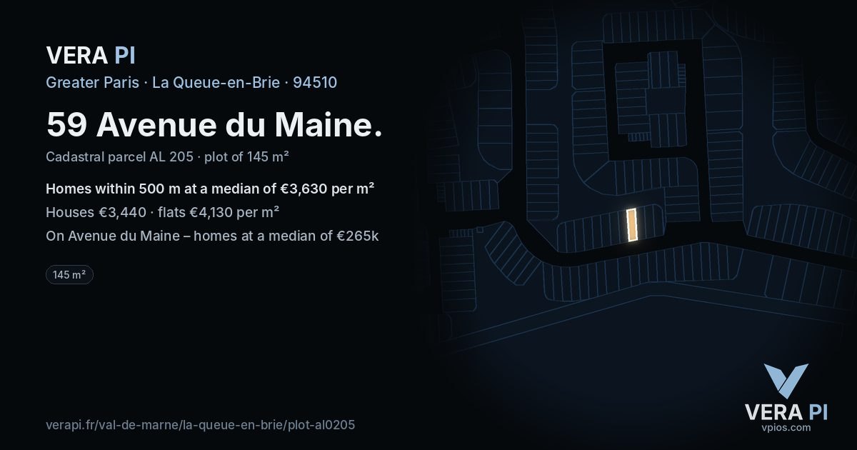 59 Avenue du Maine, La Queue-en-Brie at night – the plot lit, the parcels around coloured by the prices near them