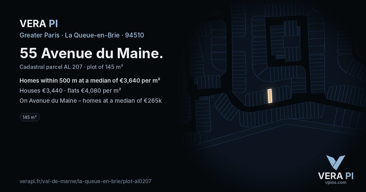 55 Avenue du Maine, La Queue-en-Brie at night – the plot lit, the parcels around coloured by the prices near them