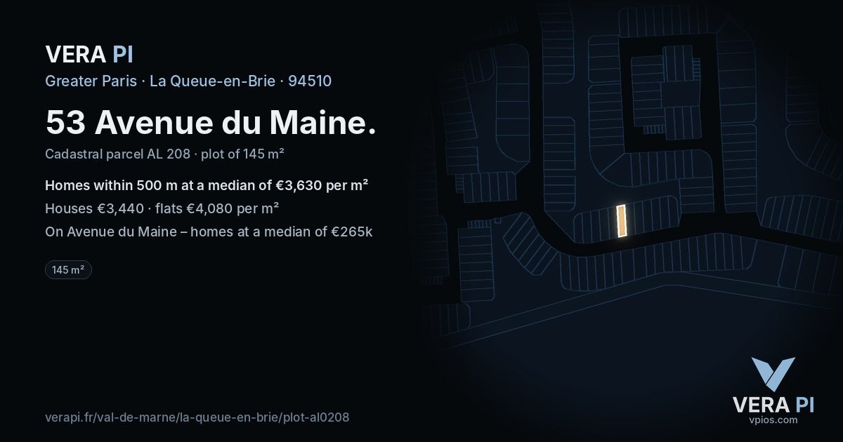 53 Avenue du Maine, La Queue-en-Brie at night – the plot lit, the parcels around coloured by the prices near them
