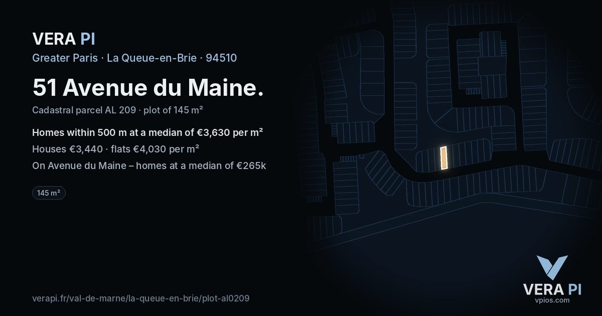 51 Avenue du Maine, La Queue-en-Brie at night – the plot lit, the parcels around coloured by the prices near them