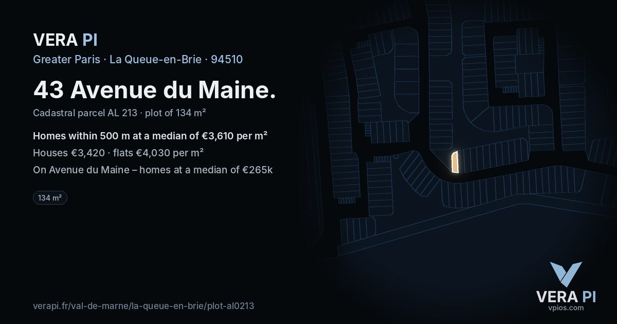 43 Avenue du Maine, La Queue-en-Brie at night – the plot lit, the parcels around coloured by the prices near them