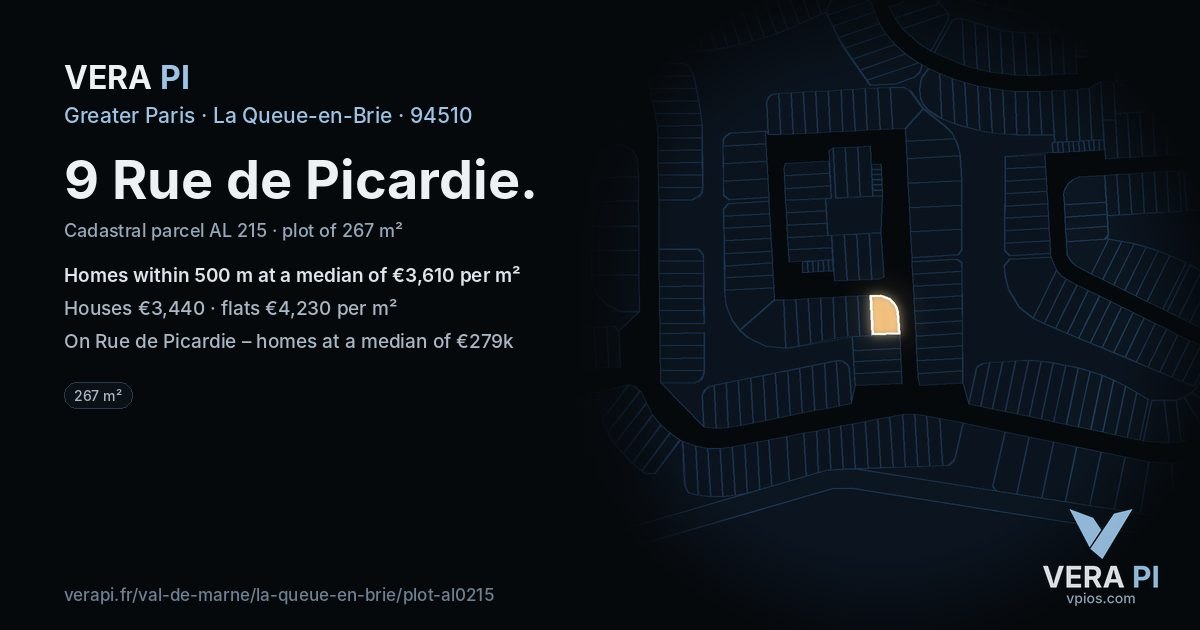 9 Rue de Picardie, La Queue-en-Brie at night – the plot lit, the parcels around coloured by the prices near them
