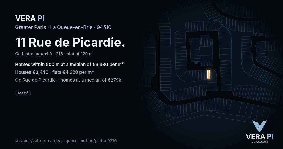 11 Rue de Picardie, La Queue-en-Brie at night – the plot lit, the parcels around coloured by the prices near them