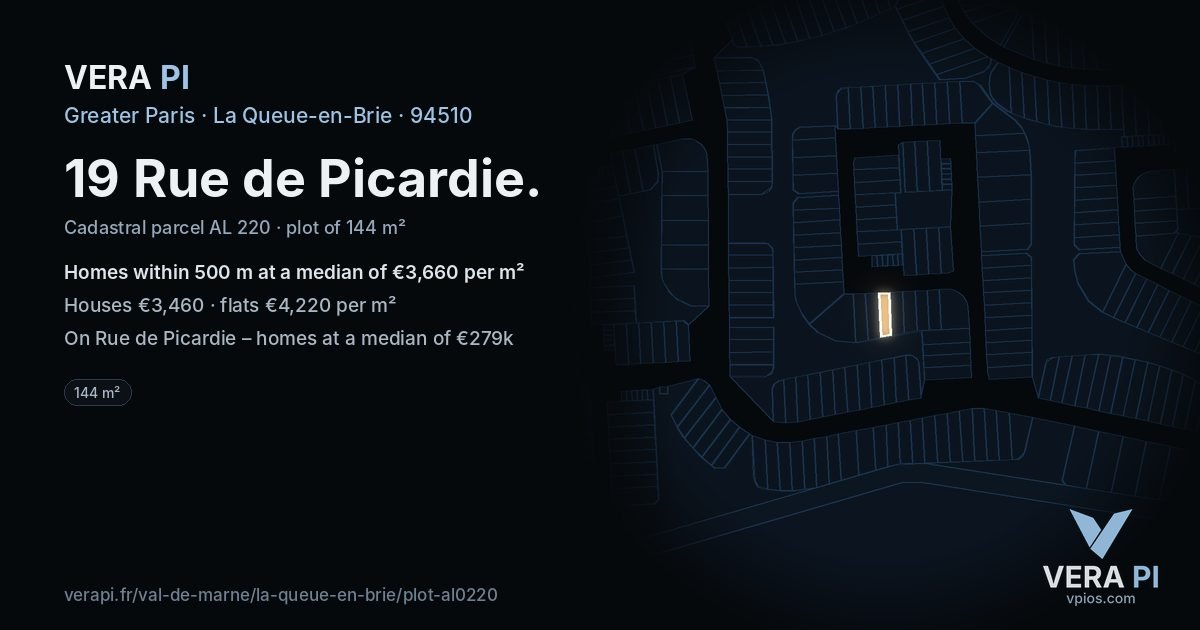 19 Rue de Picardie, La Queue-en-Brie at night – the plot lit, the parcels around coloured by the prices near them