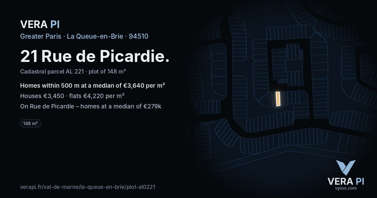 21 Rue de Picardie, La Queue-en-Brie at night – the plot lit, the parcels around coloured by the prices near them