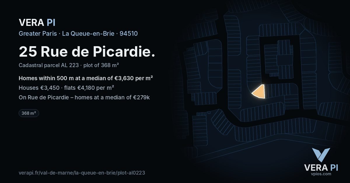 25 Rue de Picardie, La Queue-en-Brie at night – the plot lit, the parcels around coloured by the prices near them