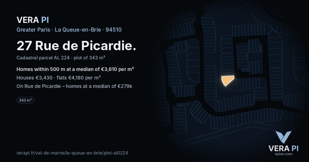 27 Rue de Picardie, La Queue-en-Brie at night – the plot lit, the parcels around coloured by the prices near them