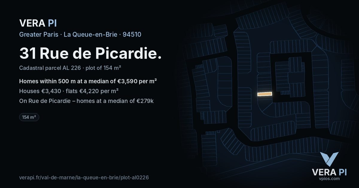 31 Rue de Picardie, La Queue-en-Brie at night – the plot lit, the parcels around coloured by the prices near them