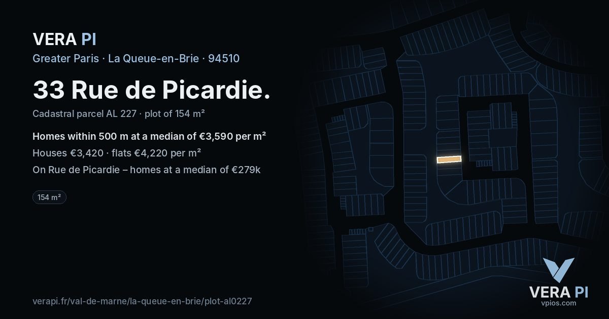 33 Rue de Picardie, La Queue-en-Brie at night – the plot lit, the parcels around coloured by the prices near them