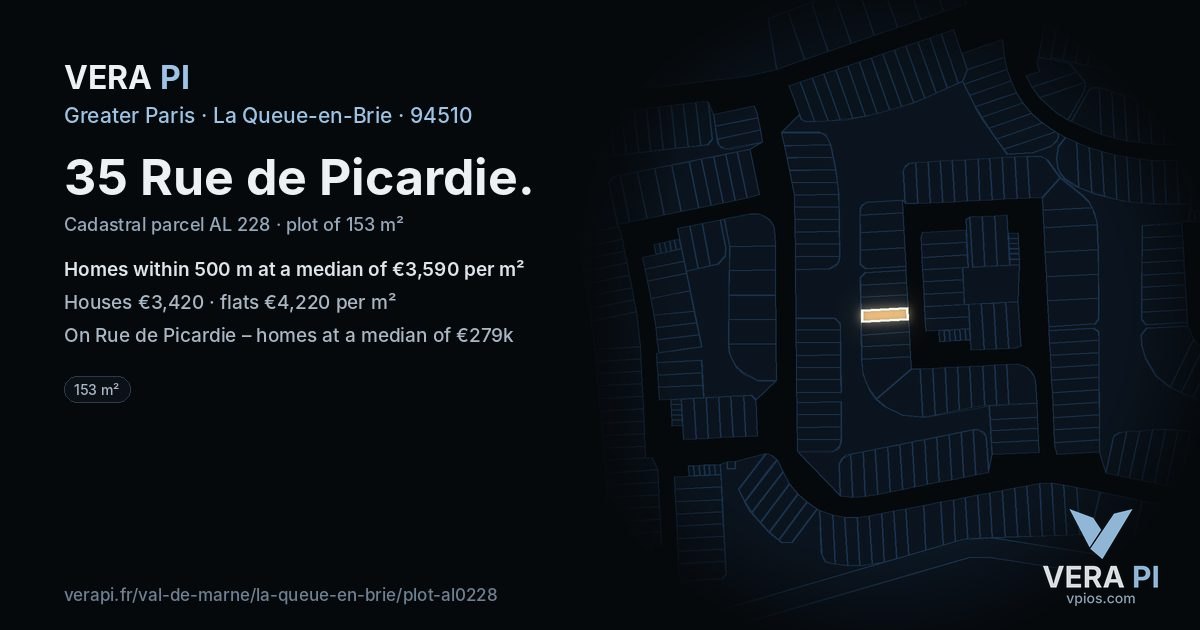 35 Rue de Picardie, La Queue-en-Brie at night – the plot lit, the parcels around coloured by the prices near them