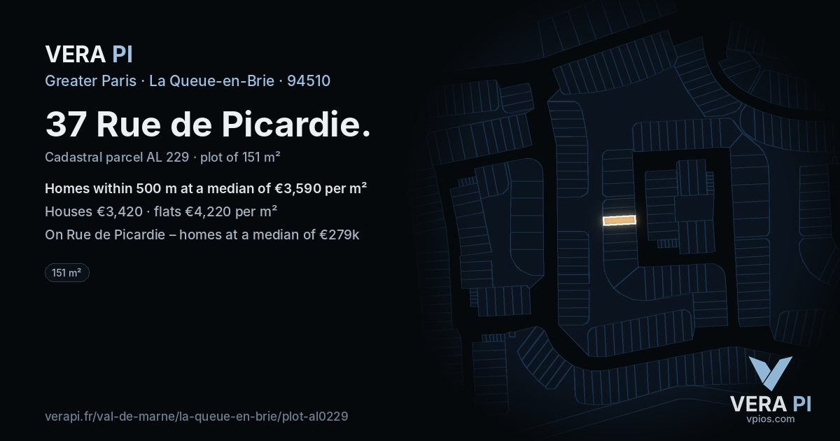 37 Rue de Picardie, La Queue-en-Brie at night – the plot lit, the parcels around coloured by the prices near them