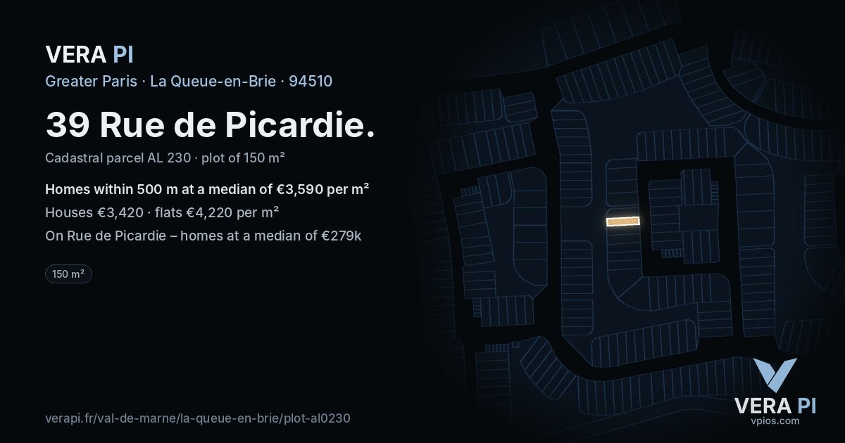 39 Rue de Picardie, La Queue-en-Brie at night – the plot lit, the parcels around coloured by the prices near them