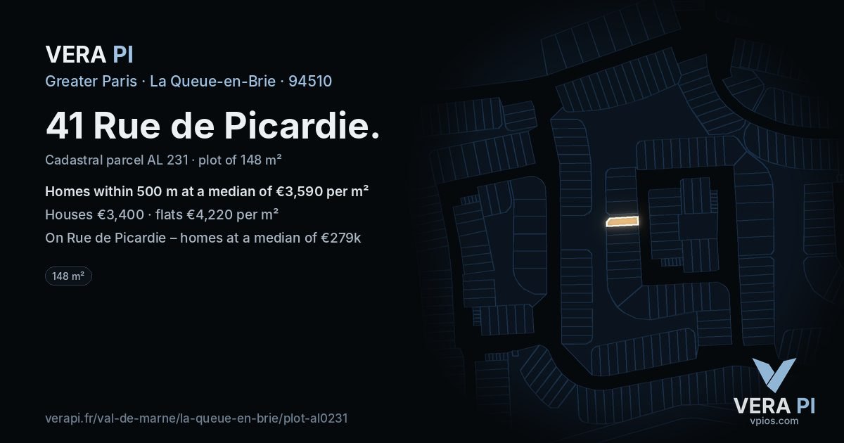 41 Rue de Picardie, La Queue-en-Brie at night – the plot lit, the parcels around coloured by the prices near them