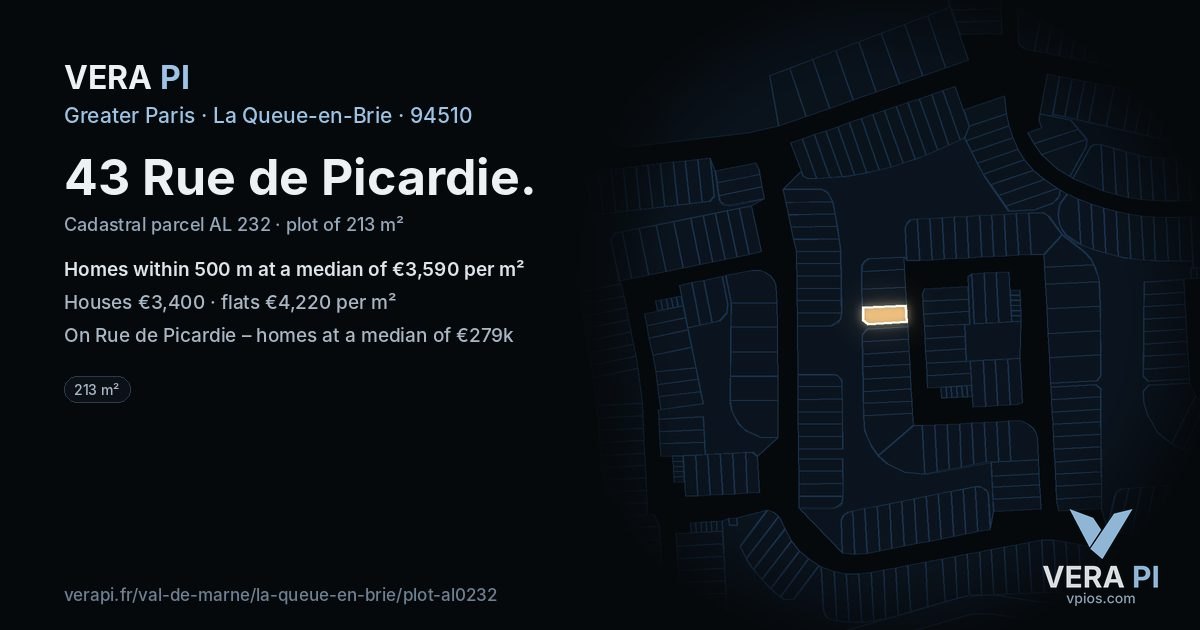 43 Rue de Picardie, La Queue-en-Brie at night – the plot lit, the parcels around coloured by the prices near them