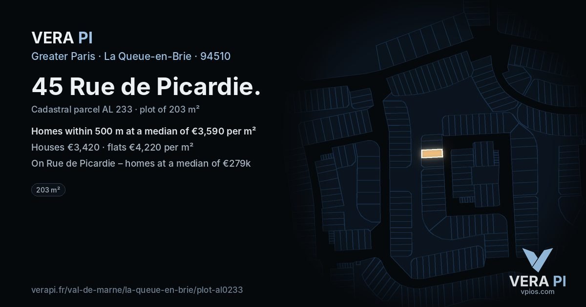 45 Rue de Picardie, La Queue-en-Brie at night – the plot lit, the parcels around coloured by the prices near them