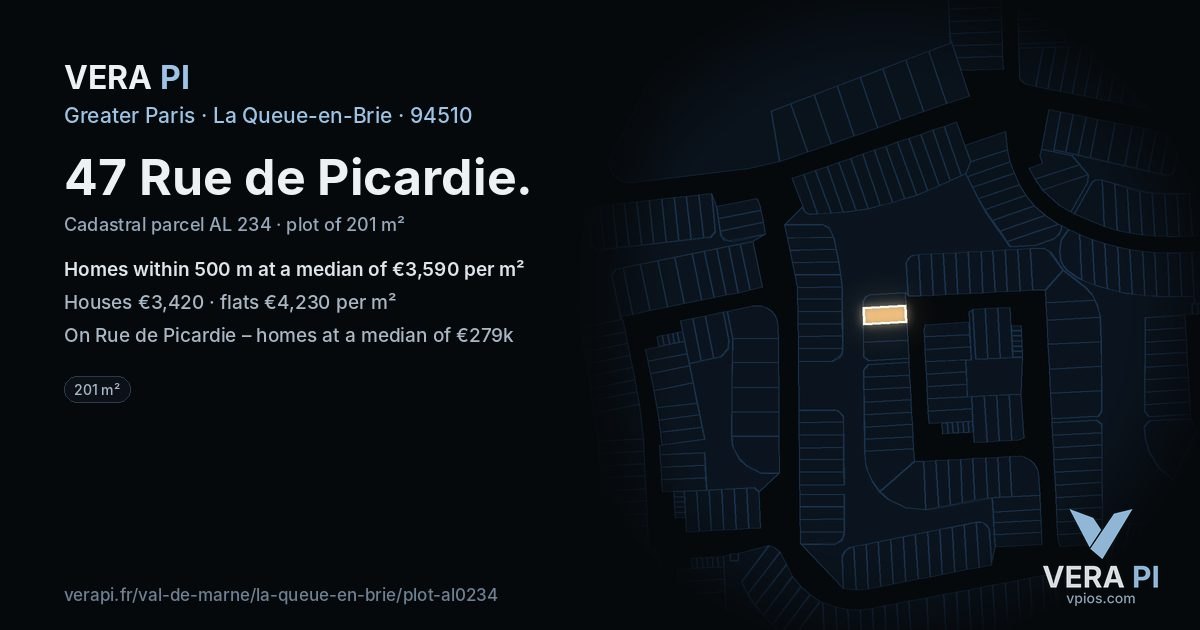47 Rue de Picardie, La Queue-en-Brie at night – the plot lit, the parcels around coloured by the prices near them