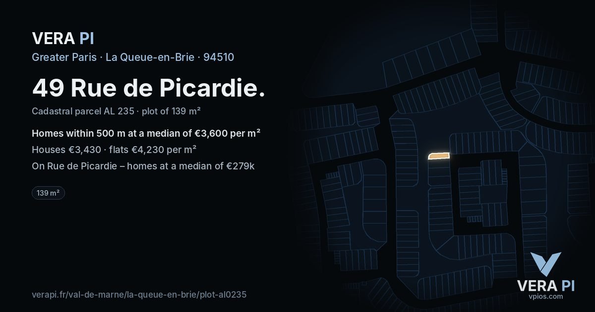 49 Rue de Picardie, La Queue-en-Brie at night – the plot lit, the parcels around coloured by the prices near them
