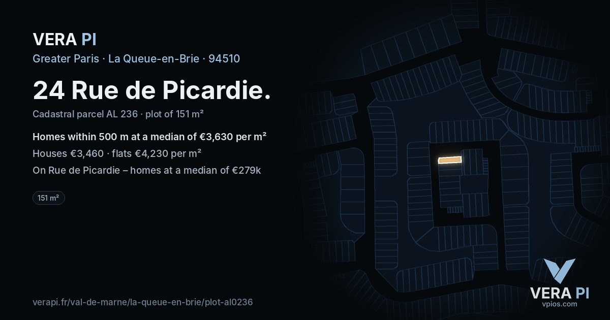 24 Rue de Picardie, La Queue-en-Brie at night – the plot lit, the parcels around coloured by the prices near them