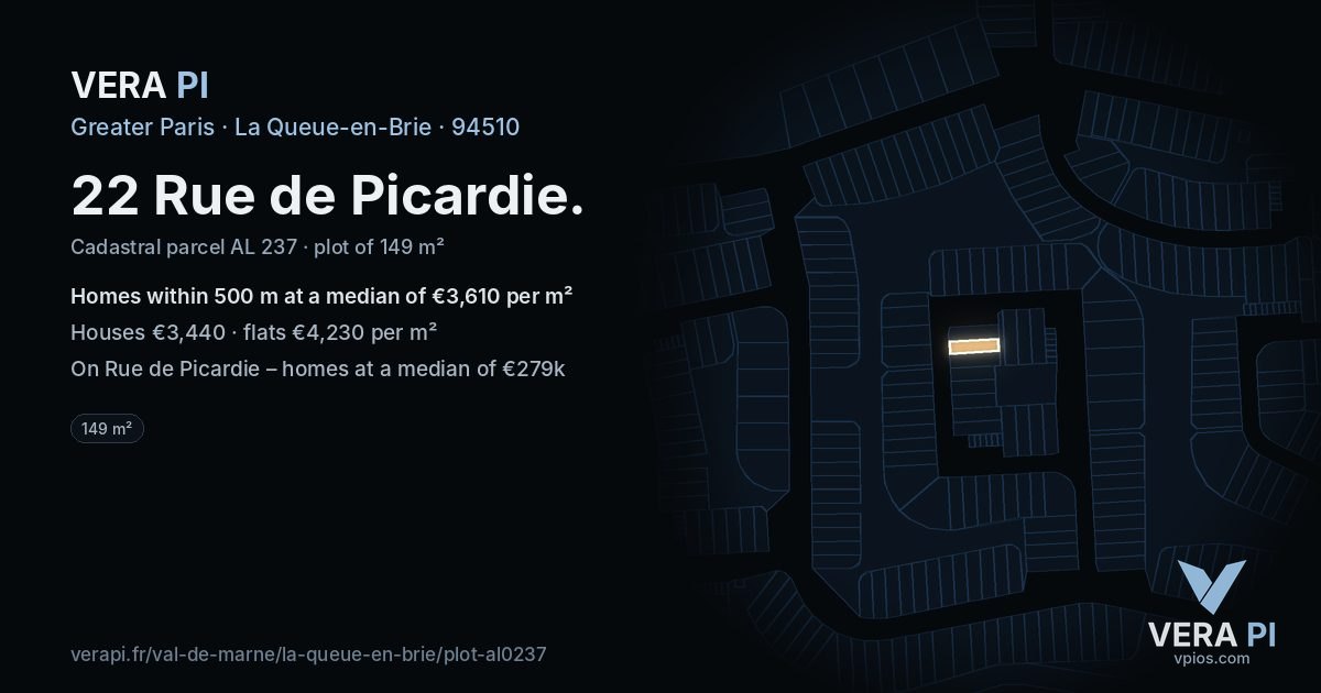 22 Rue de Picardie, La Queue-en-Brie at night – the plot lit, the parcels around coloured by the prices near them