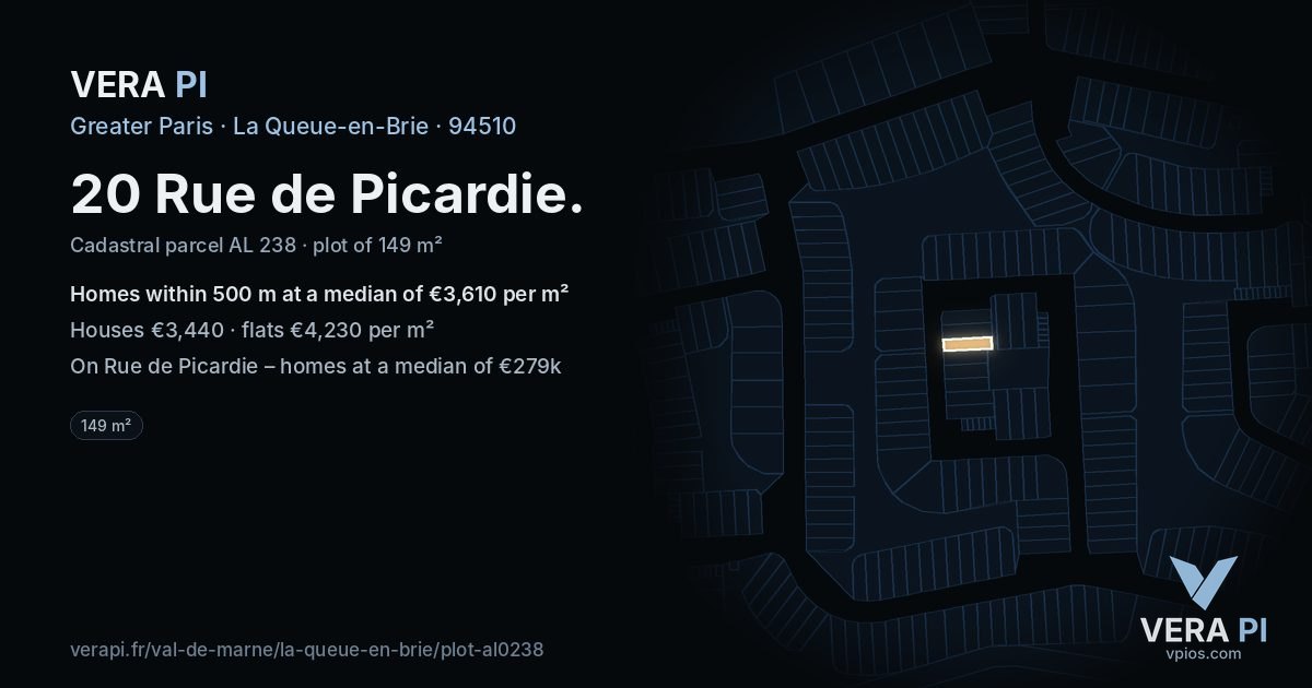 20 Rue de Picardie, La Queue-en-Brie at night – the plot lit, the parcels around coloured by the prices near them