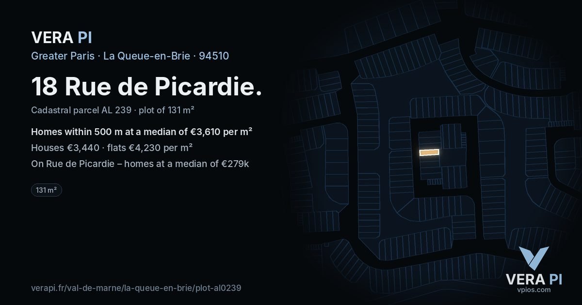 18 Rue de Picardie, La Queue-en-Brie at night – the plot lit, the parcels around coloured by the prices near them