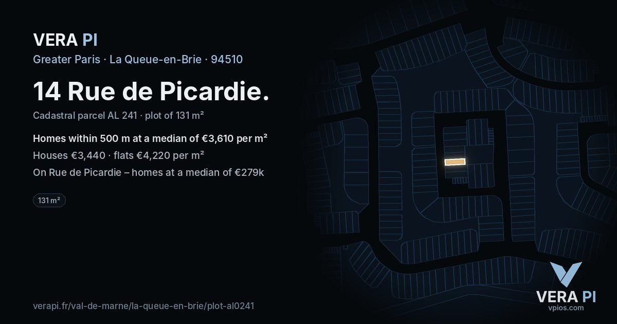 14 Rue de Picardie, La Queue-en-Brie at night – the plot lit, the parcels around coloured by the prices near them