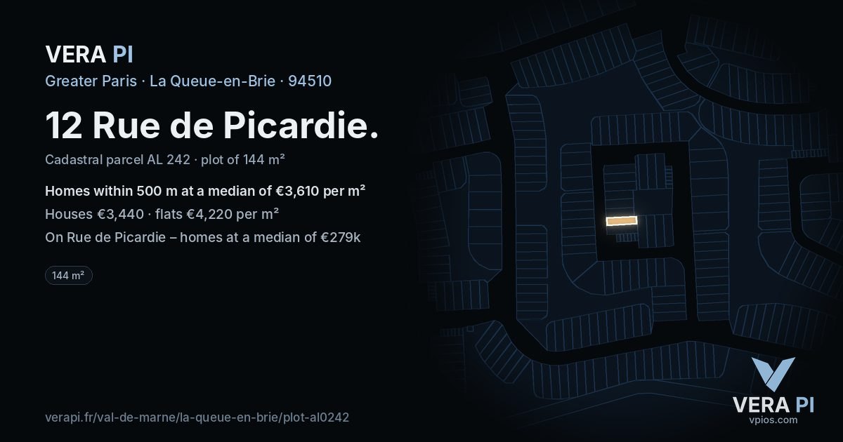 12 Rue de Picardie, La Queue-en-Brie at night – the plot lit, the parcels around coloured by the prices near them