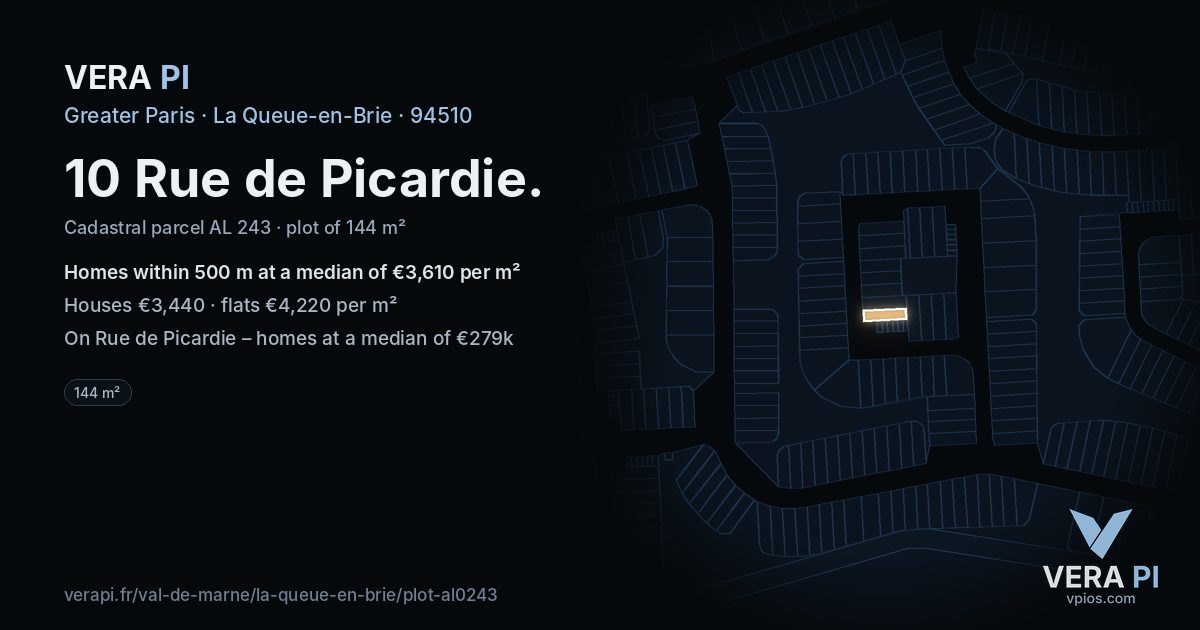 10 Rue de Picardie, La Queue-en-Brie at night – the plot lit, the parcels around coloured by the prices near them