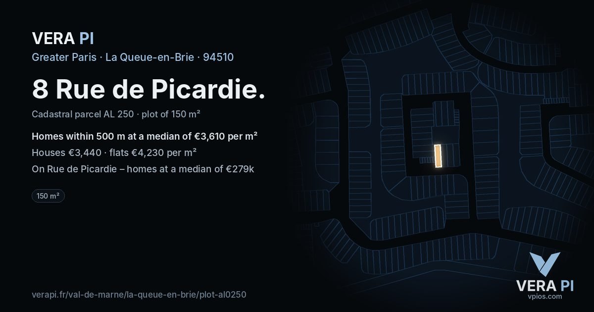 8 Rue de Picardie, La Queue-en-Brie at night – the plot lit, the parcels around coloured by the prices near them